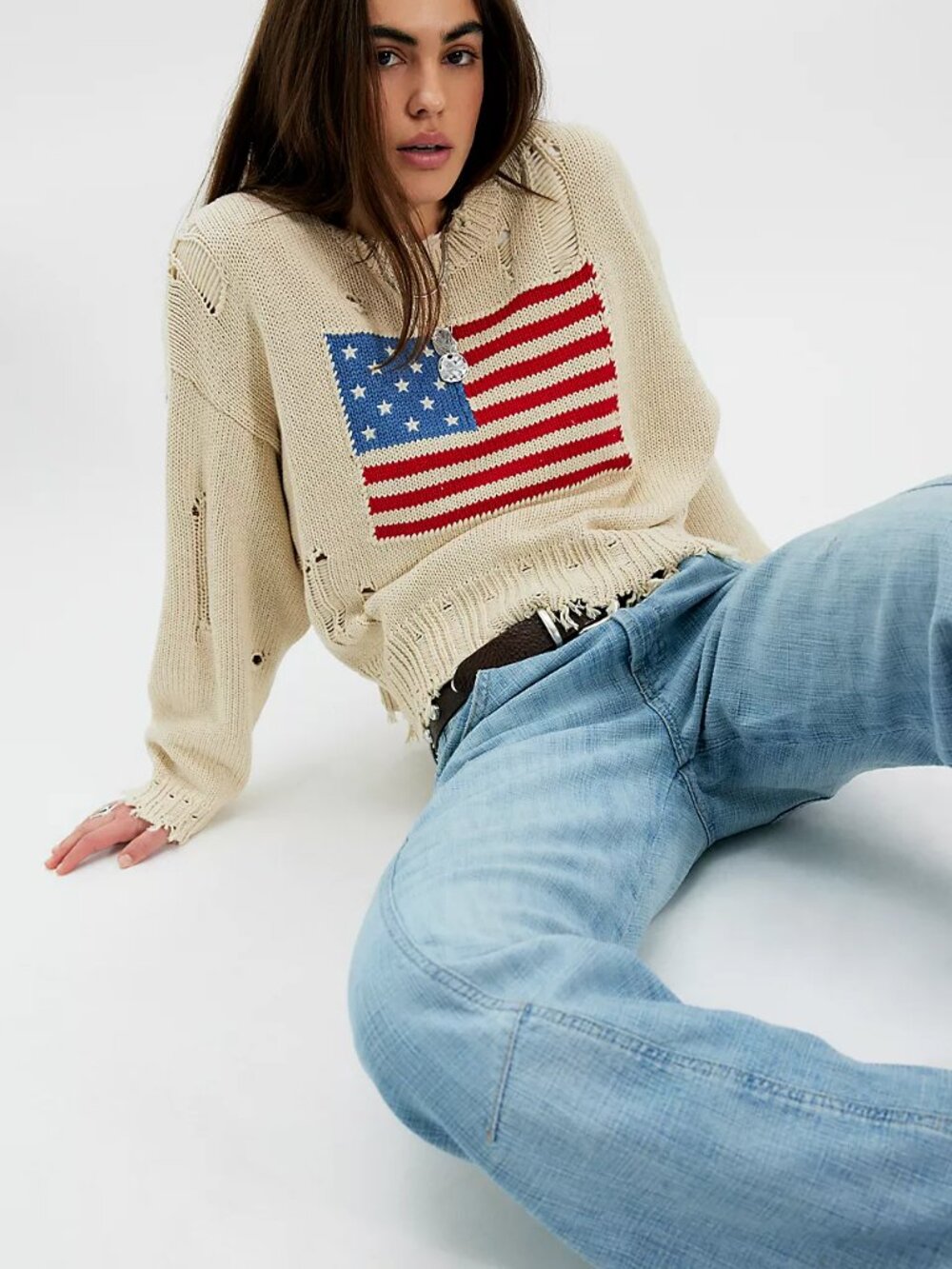NWT Denimist Oversized Cropped American Flag Sweater